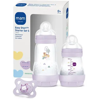 Mam Baby MAM Easy Start Anti-Colic Starter Set S, Baby Erstausstattung mit 2 Anti-Colic Flaschen (160 ml & 260 ml) inkl. Sauger Größe 1 und Schnuller, Baby Geschenk Set, ab der Geburt, lila