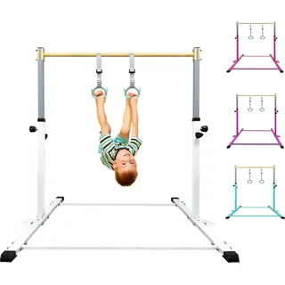 HomeSun Gymnastikstange für Kinder Robuste Kip Bar mit Ringen horizontale Turnreck für Heimtraining Höhenverstellbar 90-150cm Trainingsgerät bis 100 kg Alter 3-15 (Reck, SchneeWeiß)