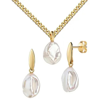 JEVELION Schmuckset Keshi Perle Anhänger + 2x Ohrstecker 585 Gold Süßwasser-perle weiß (Goldanhänger + Gold-Ohrschmuck, für Damen und Mädchen), Mit Kette vergoldet- Länge wählbar 36 - 70 cm oder ohne Kette.