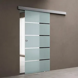 doporro Glasschiebetür Komplettset Softclose 90 x 205cm | 15mm Wandabstand | Schiebetür mit ESG-Sicherheitsglas | Zimmertür Glas mit 5-Milchglas-Streifen und Muschelgriff | Amalfi-plus 11