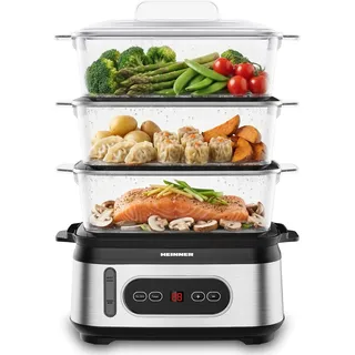 HEINNER Dampfgarer Elektrisch 9L, 3 Ebenen BPA-frei, LED-Display, Digitaler Timer 0–90 Min, Startvorwahl 12 Std, Abschaltautomatik, Spülmaschinengeeignet, inkl, 950 W, Modell ONE STEAM HSA-D950SS