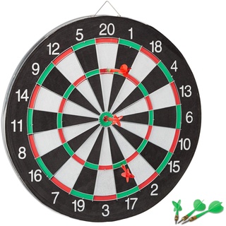 Relaxdays Dartscheibe X1 mit Pfeilen, 43 cm, 6 x Pfeile, zweiseitig, Steeldarts, Dartboard klassisch, schwarz-weiß