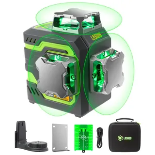 LasGoo LG-3DM Grüner Strahl-Laser-Nivelliergerät, selbstnivellierend, 3x360° Kreuzlinienlaser für Bau und Bildaufhängung, 5200mAh-Akku, Typ-C-Kabel, Magnetischer Drehständer inklusive