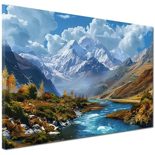 Landschaft Berge Wandbild Leinwandbild Kunst XXL Deko Fluss Größe 60x40x2cm