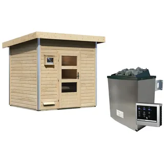 Karibu Gartensauna Pultdach Saunahaus Norge-9 kW Ofen inkl. Steuergerät-Moderne Saunatür (Klarglas) inkl. gratis Saunaofen im Wert von 599,99 €