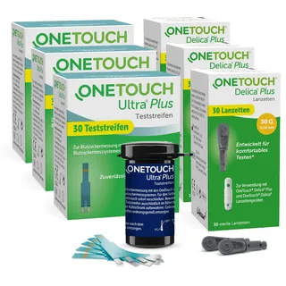 OneTouch Ultra Plus Kombi-Pack L für Blutzuckermessung, Teststreifen & Lanzetten für Diabetes (Zucker-Krankheit)| 90 Tests, 3 Packungen Teststreifen, je 30 Stück, 3 Packungen Lanzetten, je 30 Stück