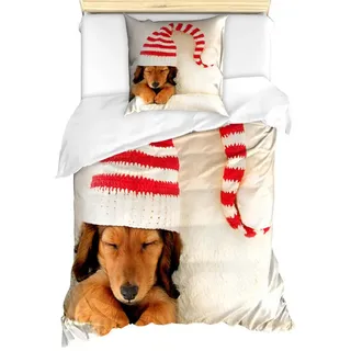 ABAKUHAUS Bettwäsche Milbensicher Allergiker geeignet mit Kissenbezug, Microfaser, Dackel Hund in der Weihnachts Elf-Hut