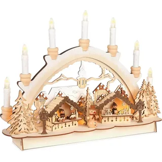 Brubaker 3D Lichterbogen Schwibbogen mit LED Kerzen - Weihnachtsmarkt 2024 - Weihnachtsbeleuchtung aus Holz Natur - 31 x 41 x 11 cm - Handbemalte Figuren - Weihnachtsdeko für Tisch & Fenster