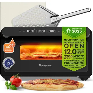 TurboTronic Pizzaofen bis 430 °C perfekte Pizza (30 cm) in 2 Minuten inkl. Pizzastein & Pizzaschieber für Zuhause & Garten Neapolitan Mini Backofen Edelstahl Schnellaufheizen AirFryer Steak Lahmacun