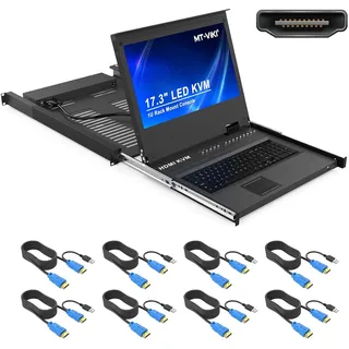 MT-VIKI 1U HDMI LCD KVM Konsole 8 Port mit 17.3'' LCD Monitor für 1HE 19'' 600-800mm Schrank Schublade Hotkey OSD mit 8xKabeln 1920X1080