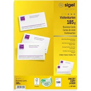Sigel DP830 bedruckbare Visitenkarten 185 g/m2 matt hochweiß 150 Stück (15 Blatt), g, 85x55 mm