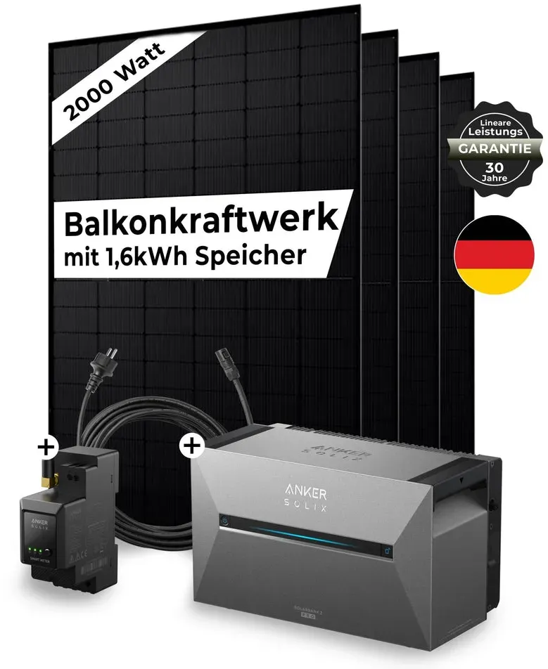 Sicatron 2000 W Balkonkraftwerk - 4x 500W Bifazial - Anker Solix Solarbank 2 Pro - Ohne Smart Meter / Mit Flachdach Halterung +112€