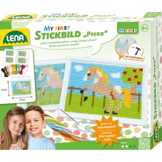Lena 42625 - Bastelset Stickbild Pferd, Komplettset mit Stickrahmen, stumpfer Nadel aus Metall, Wollgarn, Stickgitter mit Vordruck und Anleitung, für Kinder ab 6 Jahre, Set zum Sticken lernen, bunt