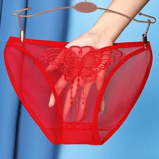 Bequeme Spitze Mesh Damen Slip, Durchsichtig Atmungsaktiv, Große Größe (M Rot)