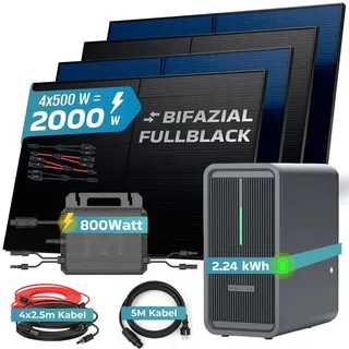 sunniva  Balkonkraftwerk Full Black Bifazial 2000 W inkl. 2,24 kWh Speicher + 4 x 500 W N-Typ Glas-Glas Bifacial Module
