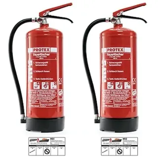 PROTEX – 2 Pulver-Feuerlöscher – Protex PDE 6 Pulverfeuerlöscher – 6 kg – für die Brandklassen ABC – DIN EN 3 und CE – je 9,5 kg – mit praktischer Halterung – mit Prüfplakette – Made in EU