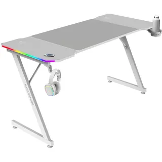 Mars Gaming MGD-X140RGB, Ergonomischer Gaming-Tisch, ARGB-Beleuchtung mit Fernbedienung, Carbonfaser, XXL-Mauspad, Kopfhörer und Getränkehalter, Kabelmanagement, Gaming-Schreibtisch 140x60cm, Weiß