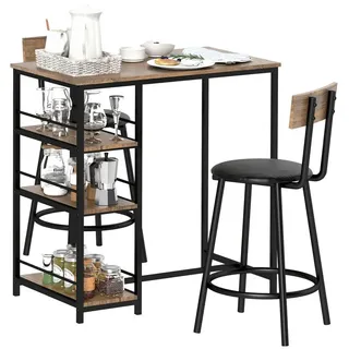 Homcom Bartisch mit Barhocker Set, Bartisch-Set für 2 Personen mit 2 Gepolsterten Barstühlen, Rückenlehne, Küchentisch mit 3 Ablagen, im