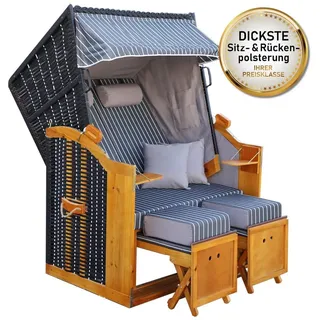 BRAST Strandkorb für 2 Personen, 120cm breit, 5 Designs, BxTxH: 120x79x150 cm, Volllieger, Rügen Deluxe, (verstellbare Rückenlehne weiches Fußkissen), inkl. wetterfeste Abdeckhaube weiß