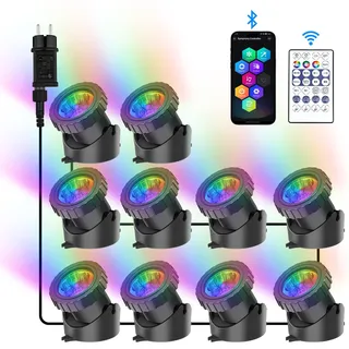 NATPOW Teichbeleuchtung Unterwasser mit Bluetooth APP, Unterwasserbeleuchtung RGB Teichlicht mit Fernbedienung, IP68 wasserdicht, DIY Farbwechsel Gartenbeleuchtung für Garten, Patio, Baum(10 in 1)
