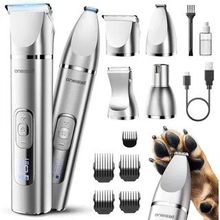 oneisall 4 in 1 Hundeschermaschine Set, Leise Pfotentrimmer für Hunde, LCD-Anzeige Schermaschine Katze Hund, Pfotentrimmer&Hunderasierer&Krallenschleifer für Körper, Pfoten, Augen, Ohren (Silber)
