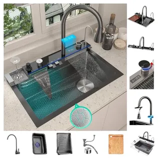Faizee Möbel - Küchenspüle Nano 75x46cm - Wasserfallspüle aus hochwertigem Edelstahl mit ausziehbarem Wasserhahn und Zubehör