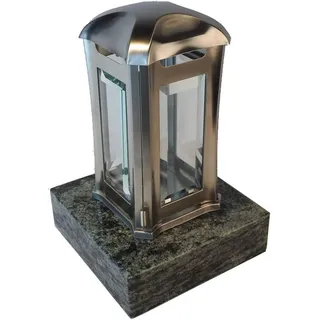 design4grab Grablampe Venezia aus Edelstahl, Silber | mit Granitsockel Oliv 20x20x5 cm | Lampe 13x13x24 cm | handgefertigt & poliert | wetterfest & ideal für Urnengräber