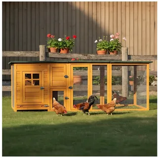 Zooprinz Hühnerstall Hühnervoliere Flexi mit oder ohne Auslauf 215x70x65 cm (BxHxT), Metall Kotschublade, Flexibler Stall, Kiefernholz braun Mit Auslauf | 215 cm x 80 cm x 65 cm