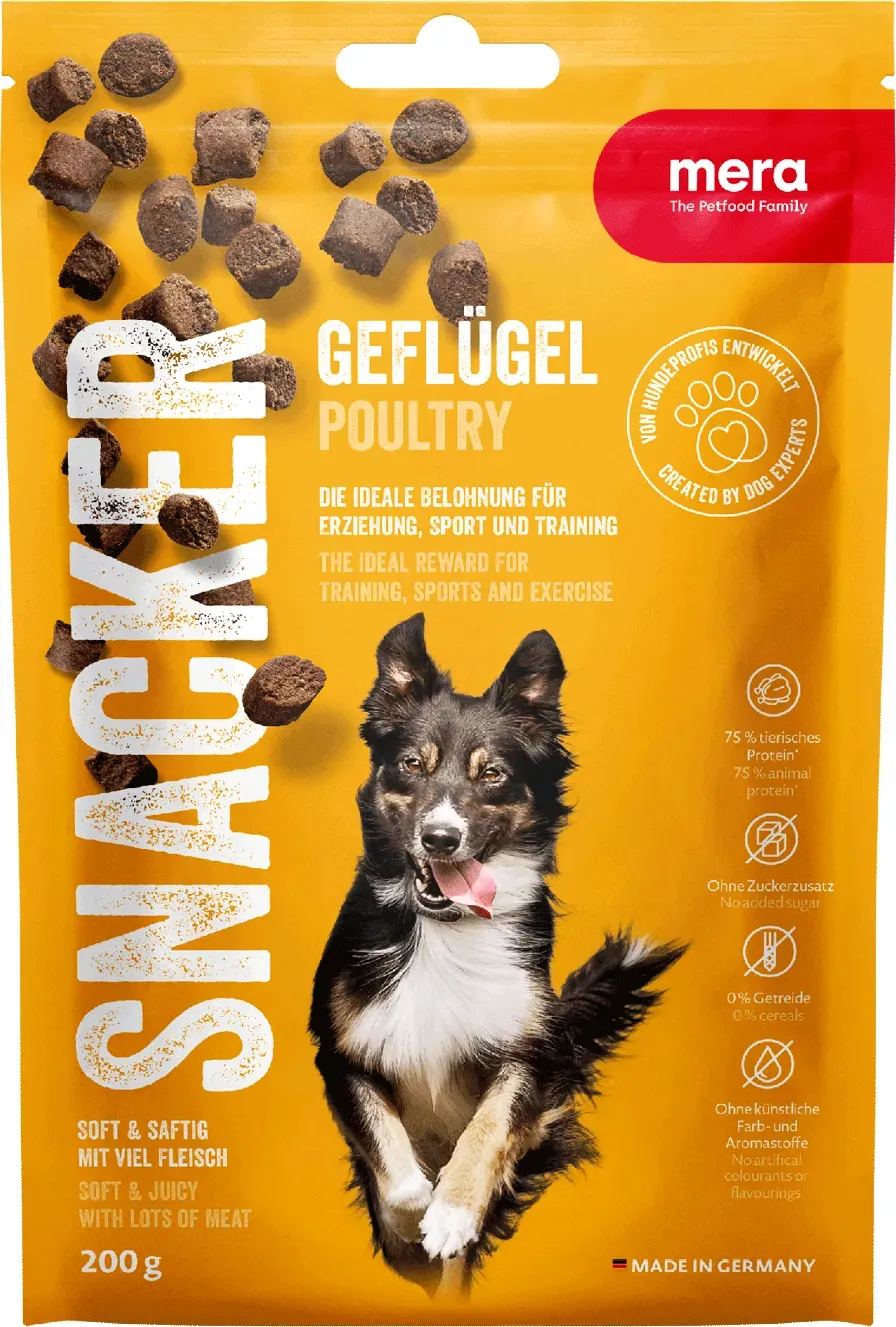 mera Snacker Geflügel Leckerli für Hunde | Unsere saftig soften Trainingssnacks | Hundesnacks | Lecker und gesund belohnen, trainieren und verwöhnen 200g