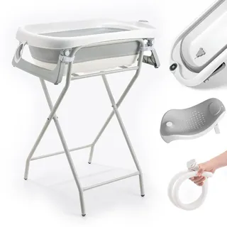 Faltbare Babywanne mit Gestell – XXL Baby Badewanne mit Ständer, Thermometer 2.0, Badesitz & Ablaufsystem – Perfekt für die Dusche – Ab Geburt bis 3 Jahre – Ideal als Baby Geschenk
