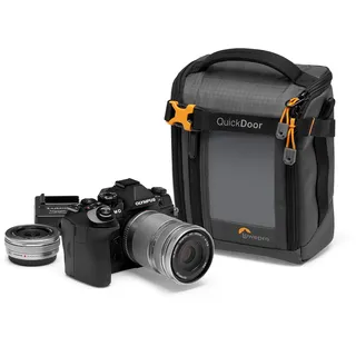 Lowepro GearUp Creator Box Medium II, spiegellose Kameratasche und DSLR-Kameratasche, schnell zugängliche Kameratasche aus recycelten Stoffen, gepolsterter orangefarbener Innenteiler, grau