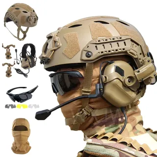 WLXW Fast SF Taktisches Helmset Mit Vollem Schutz, Mit Airsoft-Headset, DREI Gläsern, Schutzbrille Und Taktischer Maske, Für Paintball Wargame Military Set,Tan