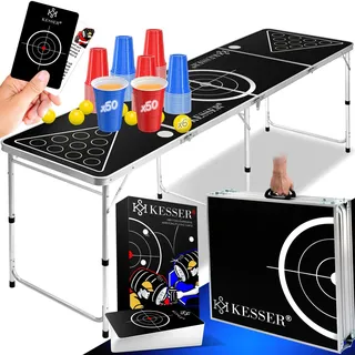 Kesser KESSER® Beer Pong Tisch Set mit Kartenspiel Trinkspiel - inkl. 100 Becher (50 Rot & 50 Blau), 6 Bälle + Regelwerk Partyspiele Table Höhenverstellbar Klappbarer