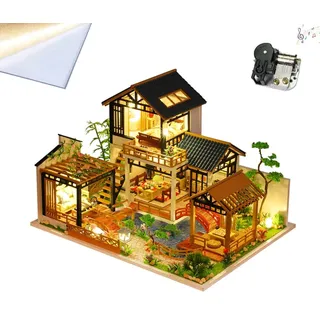 TOPBSFARNY 3D Holz montiertes Puppenhaus Kit DIY Miniatur altmodisch rustikaler Stil Haus mit Staubschutz und Musikbewegung Bauset Tiny House Holzpuzzle Geschenke