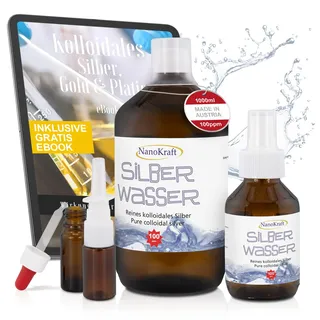NanoKraft - Kolloidales Silber 1000ml mit 100ppm - hochdosiertes Silberwasser - reine Silber Lösung Laborgeprüft - inkl. Sprühflasche Nasensprayflasche Pipettenflasche Messbecher + E-Book zum Download