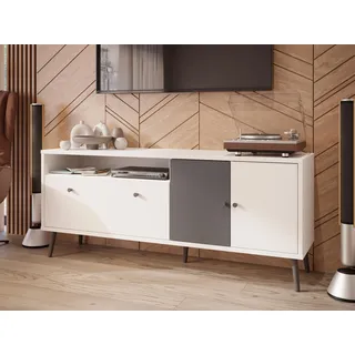 Forte Harllson, einfache Montage Dank EasyKlix TV Tisch Weiß mit Uni Wolfram Grau, TV Schrank mit 2 Türen, skandinavischer Stil, Retro, 160 cm breit x 67 cm hoch x 41 cm tief