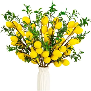 SYOZPXY 4Pcs Zitronenbaum künstlich, Künstliche Zitronen Zweig, Lebendige Gelbe Gefälschte Zitronen Zweig Mit Grünem Blatt und Justierbarem Zweig, Zitronen-Dekor für Wohnküche, Party-Dekorationen