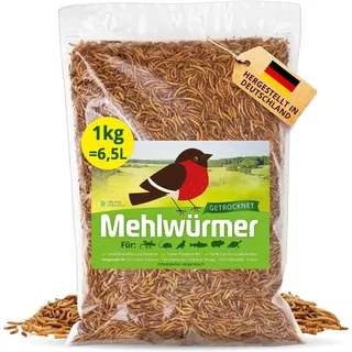Detox Organica Mehlwürmer Getrocknet, 1Kg (6,5L) getrocknete Mehlwürmer mit sehr hohem Proteingehalt, Würmer für Reptilien, Vögel, Wildvögel, Igel, Fische, Schildkröten & Nager – Premium Qualität