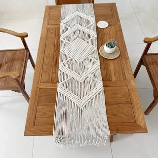 shuangmu Makramee Tischläufer, Weiß Boho Tischläufer Baumwolle gewebte Tischläufer mit Quasten Home Esstisch für böhmische rustikale Hochzeit - 200x34cm