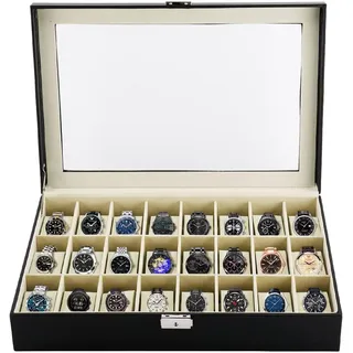 sports flyfree Uhrenbox, 24 Fächer Uhrenbox mit Schloss Uhrenbox, Aufbewahrungsbox, Uhrenorganisator mit Glasdeckel, Geschenk für geliebte Menschen