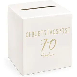 Geschenk-Kartenbox Briefbox 70. Geburtstag GEBURTSTAGSPOST 70 personalisierbar mit Namen in creme & gold - Sammelbox für Gutscheine Kuverts und Karten zum Geburtstag für Geldgeschenke Frau & Mann