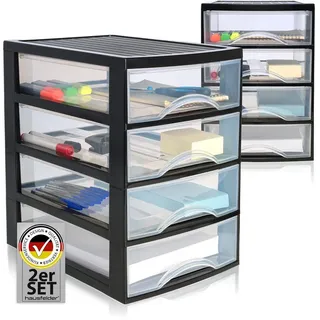 Hausfelder Schubladenbox a4, Box mit 4 Schubladen aus Kunststoff, Organizer für Büro, Schreibtisch, Ablage, stapelbar und transparent
