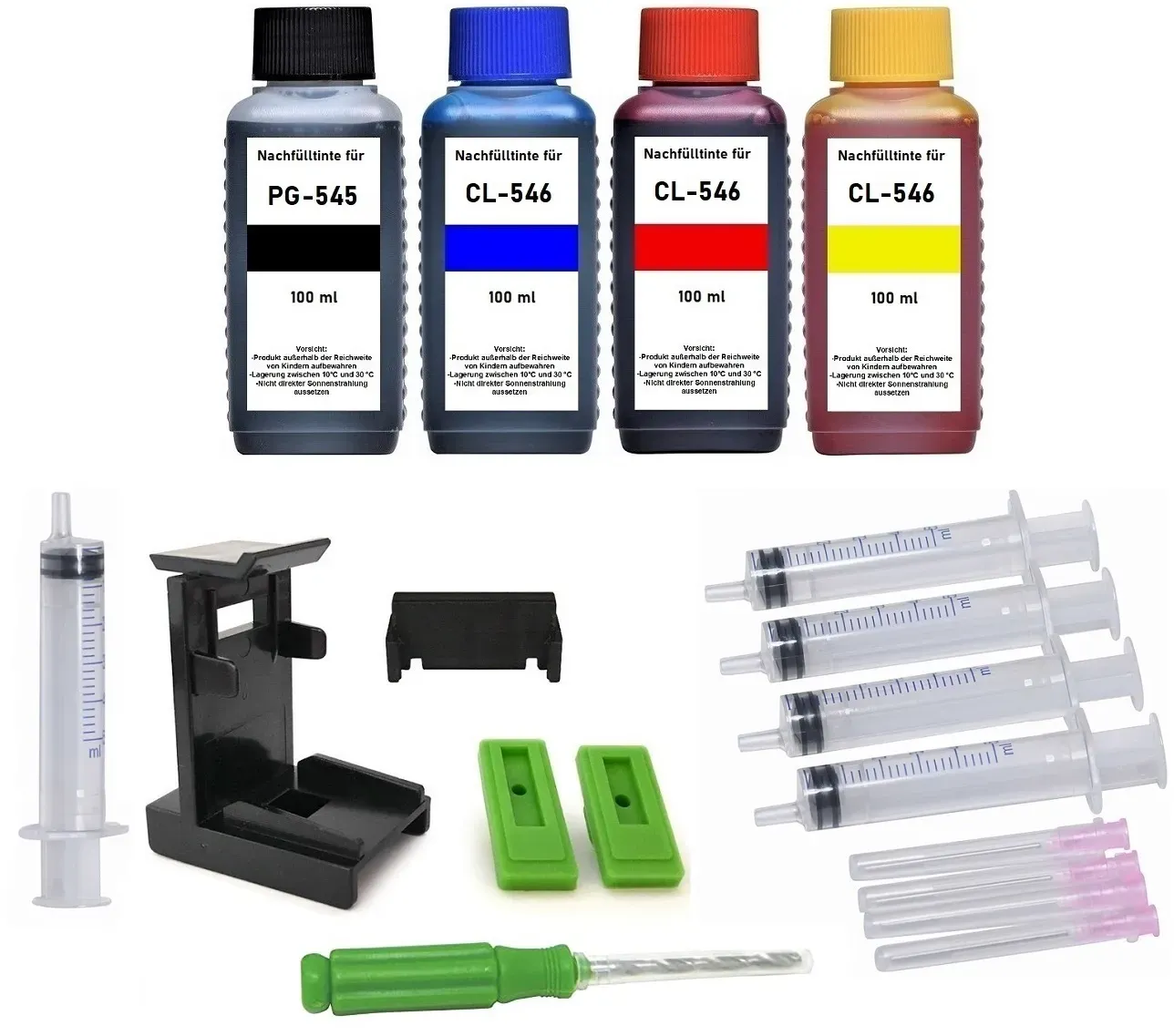 Nachfüllset für Canon PG-545 (XL) + CL-546 (XL) Druckerpatronen - 4 x 100 ml Druckertinte + Zubehör
