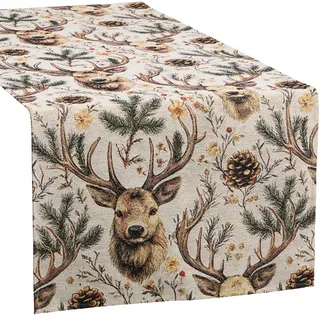 Erwin Müller Tischläufer, Tischwäsche Hirsch braun-grün Größe 45x140 cm - edel und robuster Stoff, pflegeleicht, strapazierstark und beständig