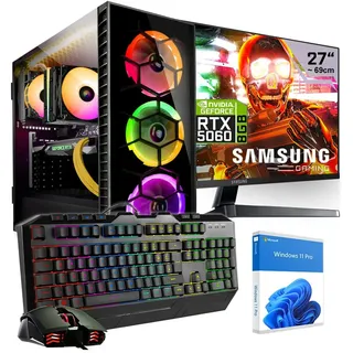 KRAFTPC Gaming PC Komplett-Set AMD Ryzen7 5700X - GeForce RTX5060 8GB - 1TB M.2 SSD - 32GB RAM - Win11 - 27" TFT - Tastatur/Maus - Gamer PC Desktop PC - Schwarz