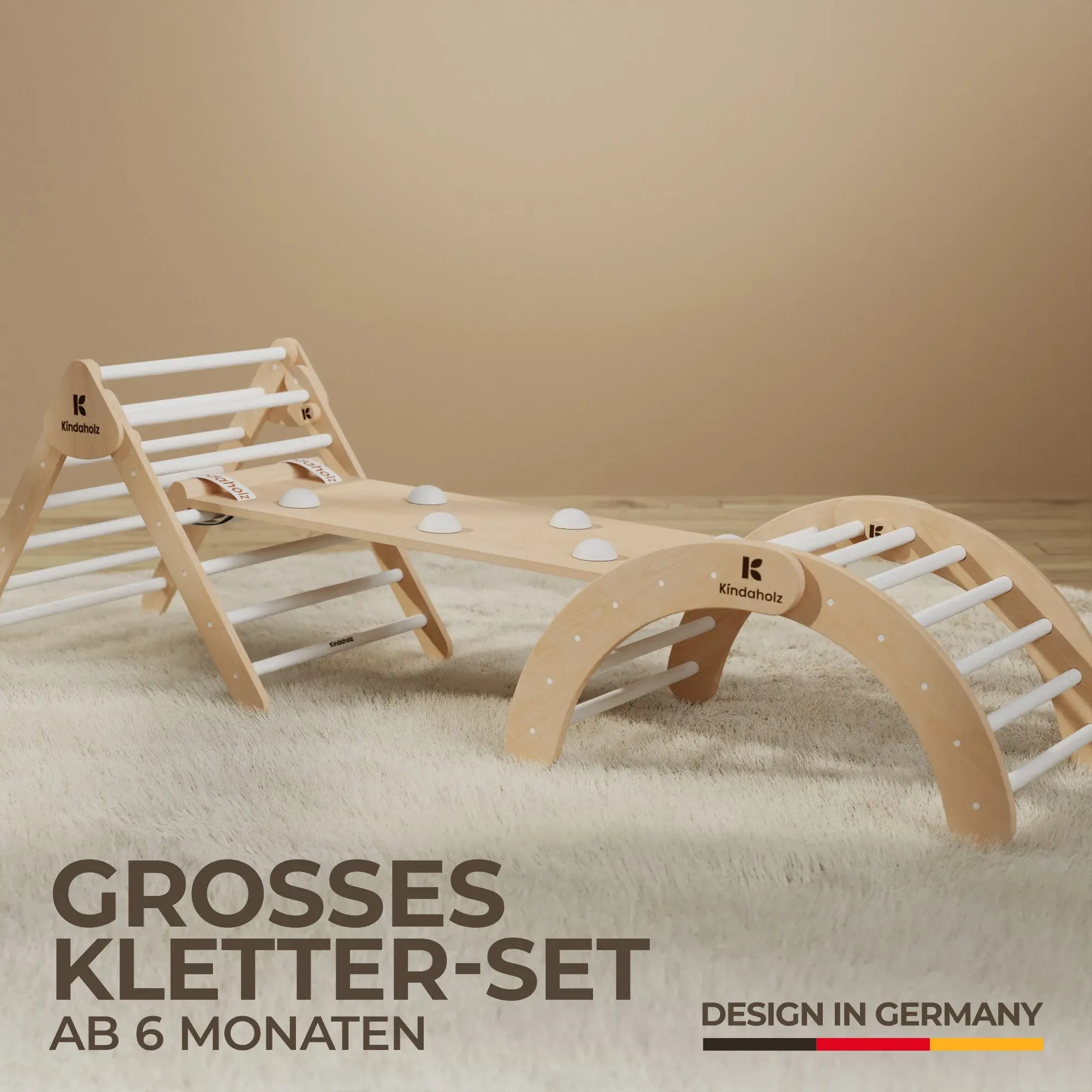 Kindaholz SAMI Kletterdreieck mit NINA Kletterbogen und NOAH Rutschrampe Weiß In...