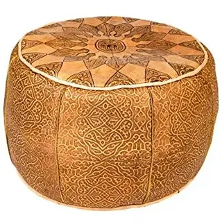 Orientalischer runder Pouf aus Leder ø 50cm Rund 30cm Hoch inklusive Füllung | Marokkanisches Sitzkissen Sitzpouf Kissen Balsam Braun | Marokkanischer Hocker Sitzhocker Fusshocker