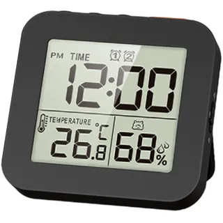 Badezimmeruhr, digitaler Duschtimer für Badezimmer, Wanduhr mit Alarm, Touchscreen, wasserdicht, tragbar, Innenthermometer, Hygrometer, Schwarz