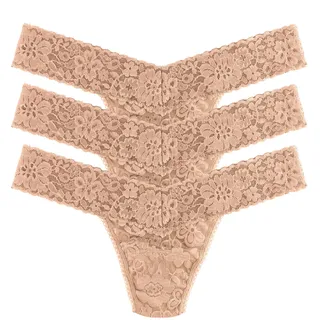 Hanky Panky Daily Lace low Rise Thong - Unterhosen Damen im Elastischen Spitze, 3 Stück, Tanga Damen mit Niedriger Taille - Unterwäsche Frauen Set und Slip Damen aus Baumwolle und Nylon, Einheitsgröße - Einheitsgröße