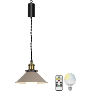 FSLiving Dimmbare Hängelampe mit Batterie Innen,Khaki Metall Hängeleuchte Batteriebetriebene Lampe, Pendelleuchte ohne Strom Stromanschluss für Küche Nachttischcafé, TB1440JGT